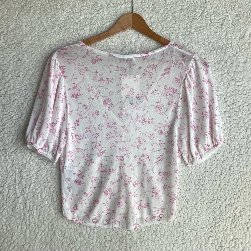 NWT Zara Women's puff short sleeve white floral open front cardigan, Sz L